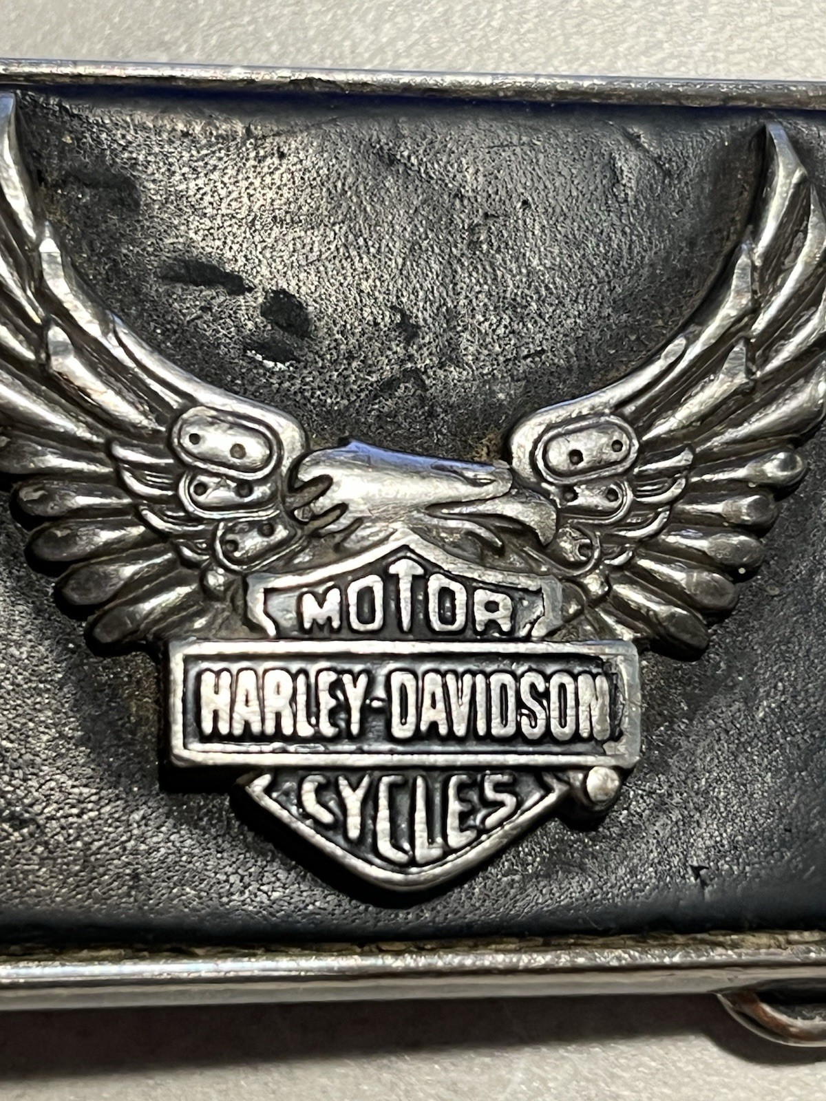 Vtg 80s Harley Davidson Belt Buckle Eagle Bar & Shield Logo Black Leather Inlay
