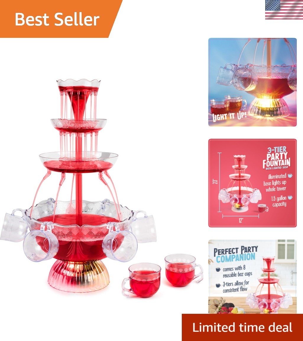 3-Tier Lighted Party Fountain, Holds 1.5 Gallons, LED Lighted Base, Includes …