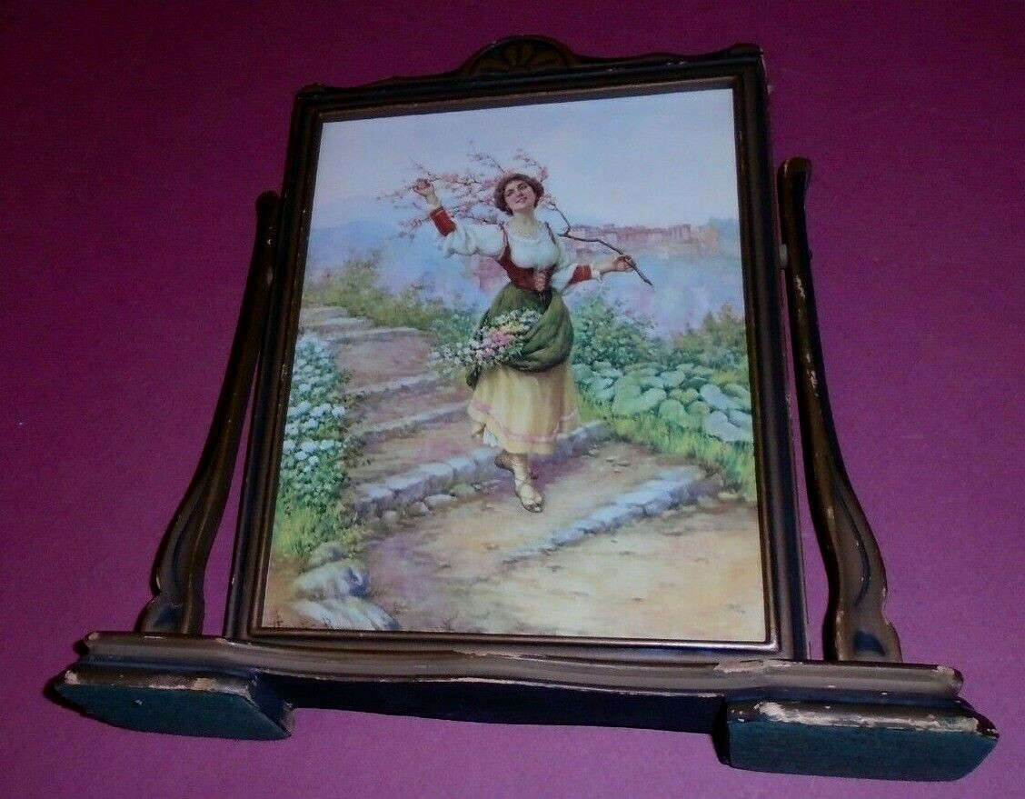 Tilt Frame Print Signed Ceranti Roma Lady Flower Opening 7.5″x9.5″ VTG Free Ship