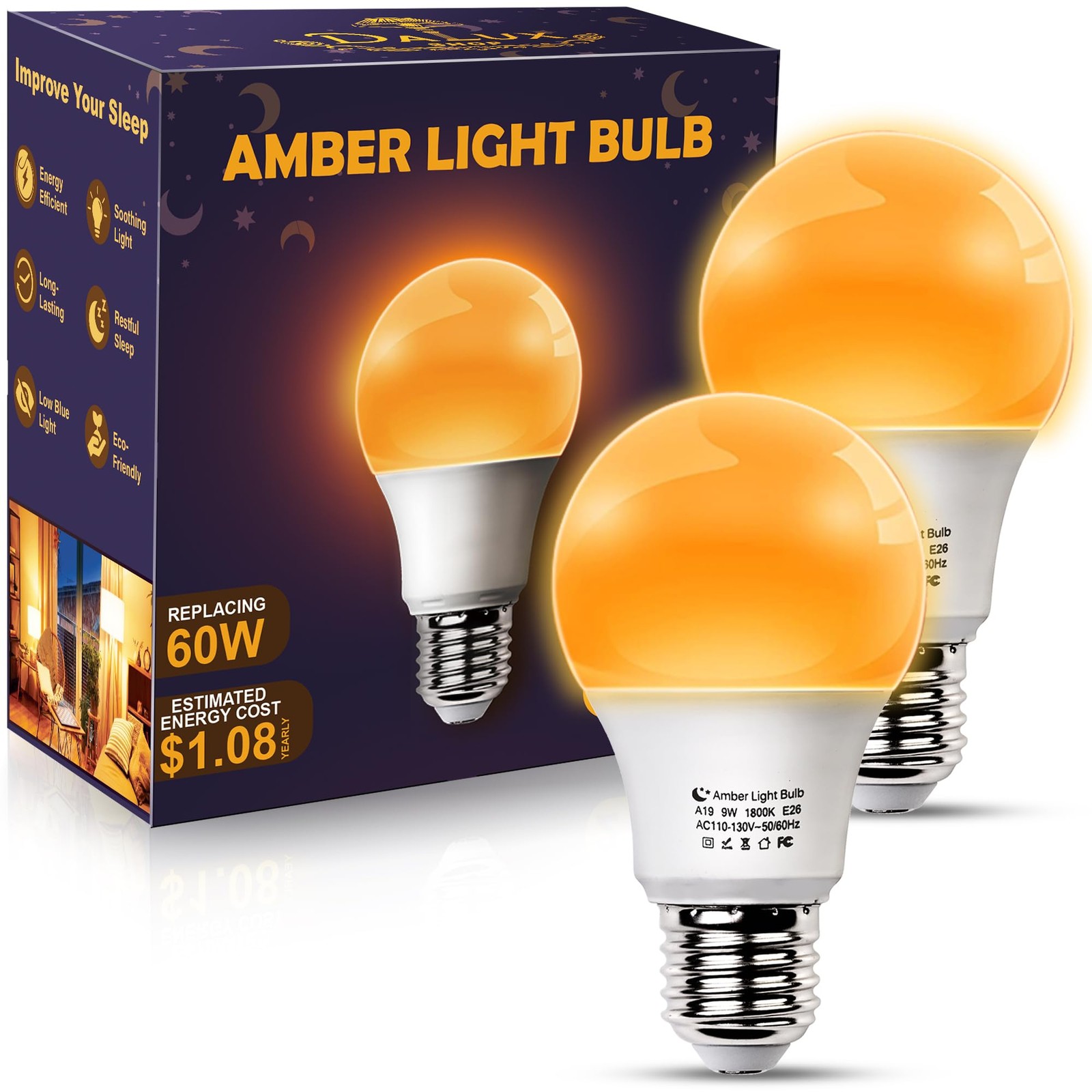 DALUXshop Amber Sleep Light Bulbs, Blue 4.30X2.35X2.35 inch,