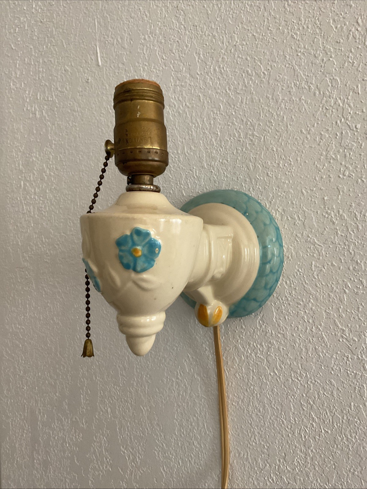 VTG Porcelain Plug In Wall Light Sconce with Blue Flowers Cottage Core