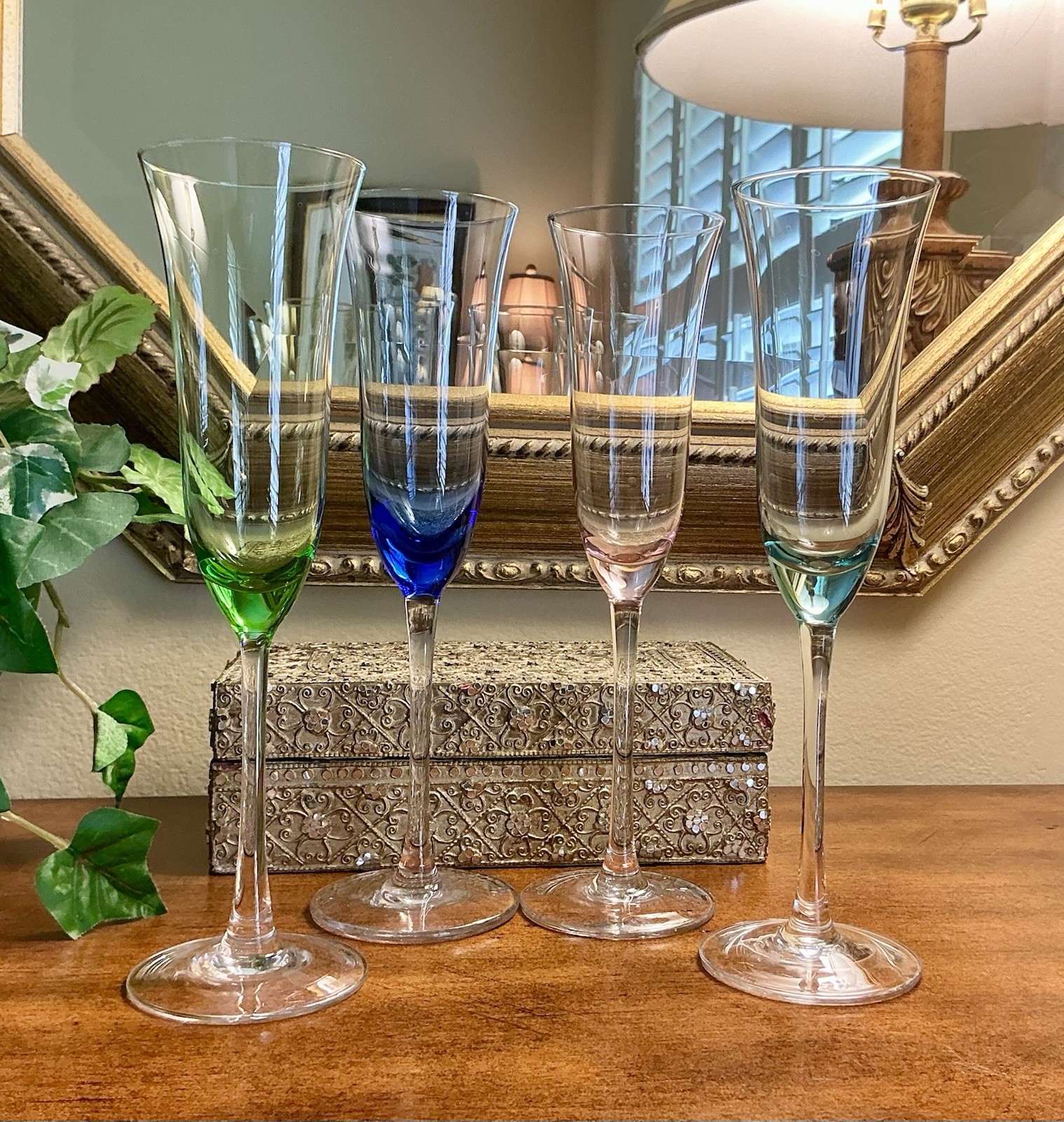 Vintage Hand-Blown Art Glass Champagne Flutes-Jewel Toned-Set of 4