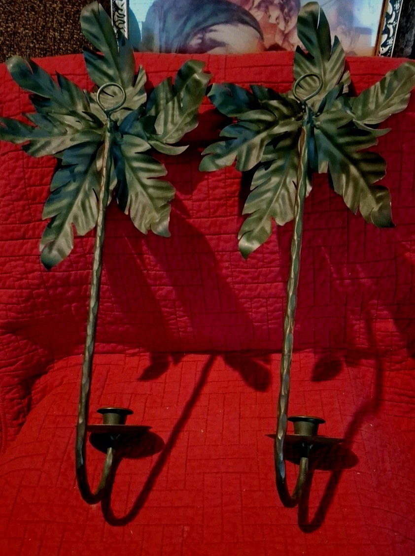 VNTG NWT 2 Palm Tree Wall Sconce Candle Holder Home Interiors Metal 17″ Key West