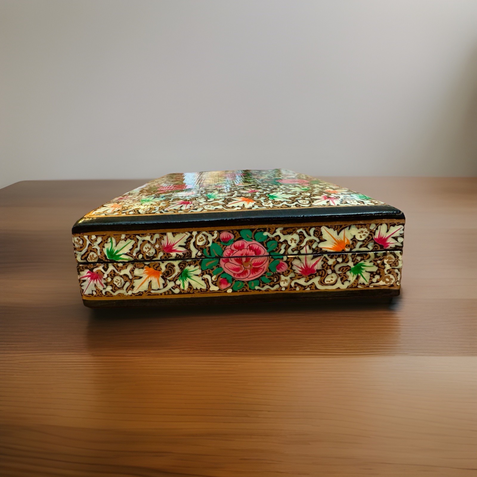 Large Hand Painted Smooth Floral Art Kashmiri Paper & Felt Jewelry Box 9.5”inch