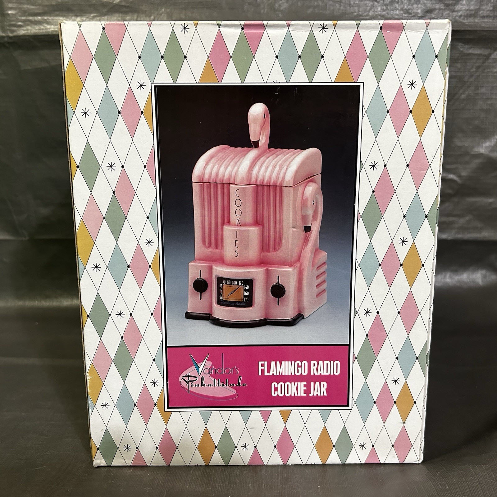 PINK FLAMINGO Radio Cookie Jar NOS Vintage 1998 Rare Ceramic Art Deco Vandor