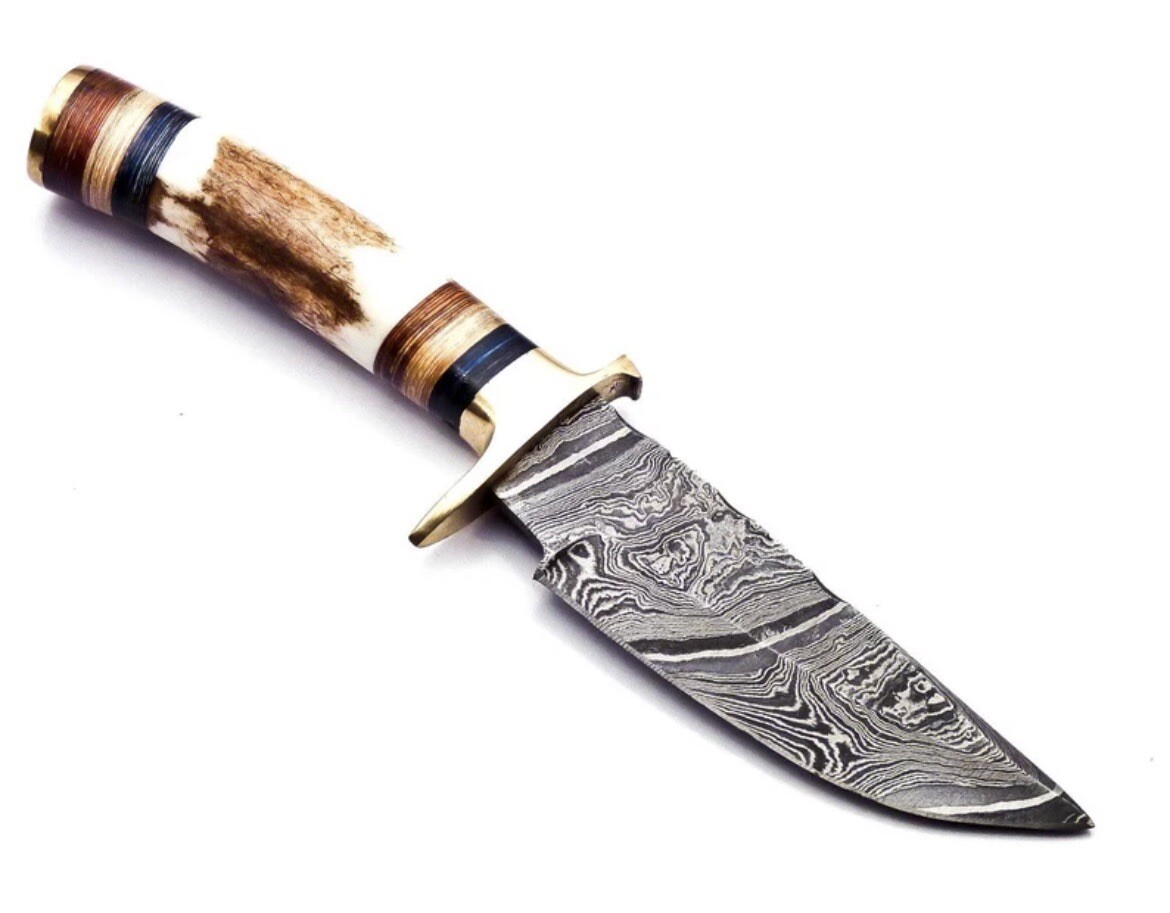 8″ CUSTOM HANDMADE DAMASCUS HUNTING SKINNING KNIFE DEER STAG Handle Brass Guard