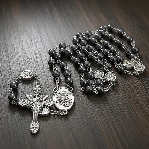 Silver St Michael Rosary Hematite Stone Beads Necklace Metal Beaded