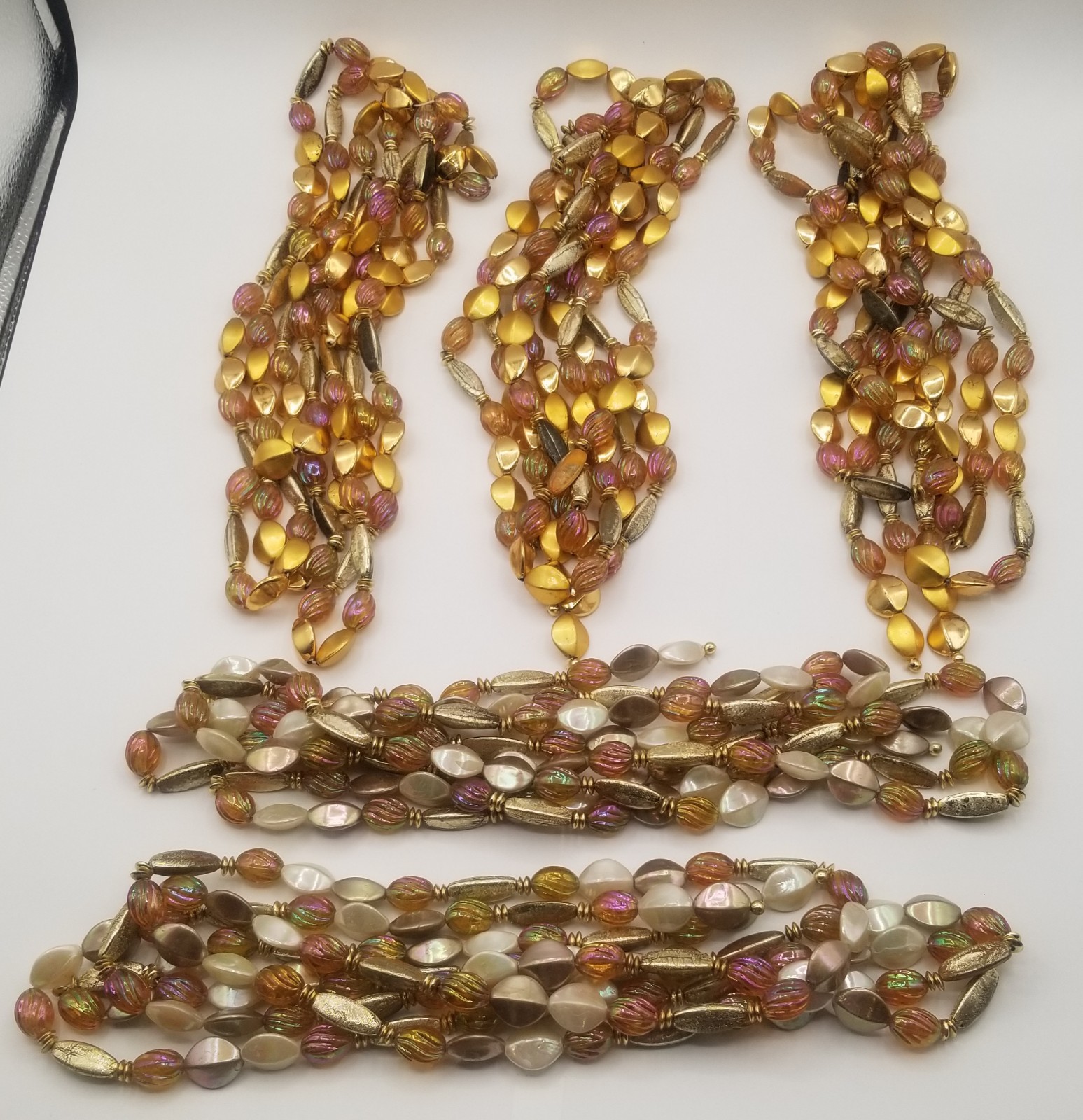 Vintage Set of (5) 9+Foot Gold Opal Iridescent Beaded Garlands Victorian Style