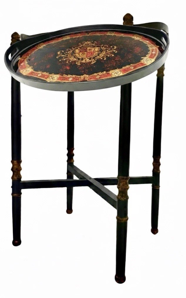Tray Table Black Lacquer With Royal Crest Design Folding Stand Vintage Decor