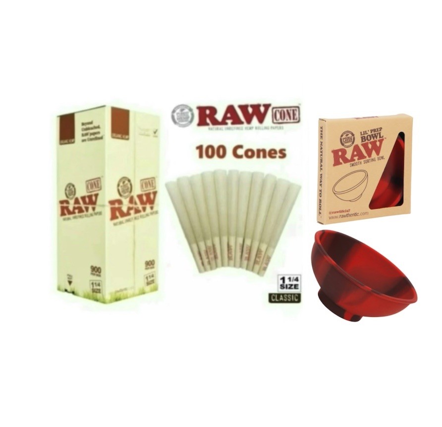 AUTHENTIC Raw organic 1 1/4 Size Pre Rolled Cone rolling paper + Lil prep bowl