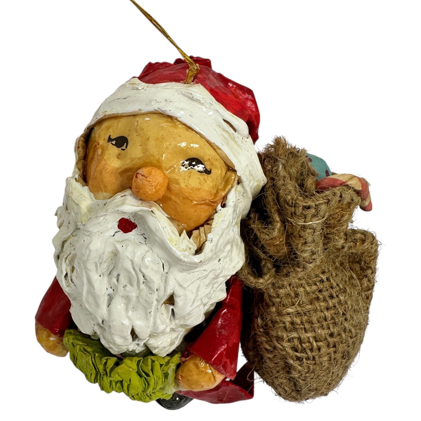 Vintage 60s Handmade Papier Mache Santa Ornament Burlap Sack Wreath Christmas