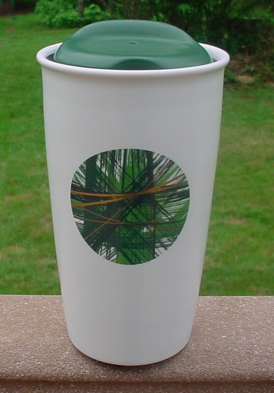 Starbucks 2014 Travel Mug Tumbler with Lid White Green Gold Lines Ceramic 12 Oz