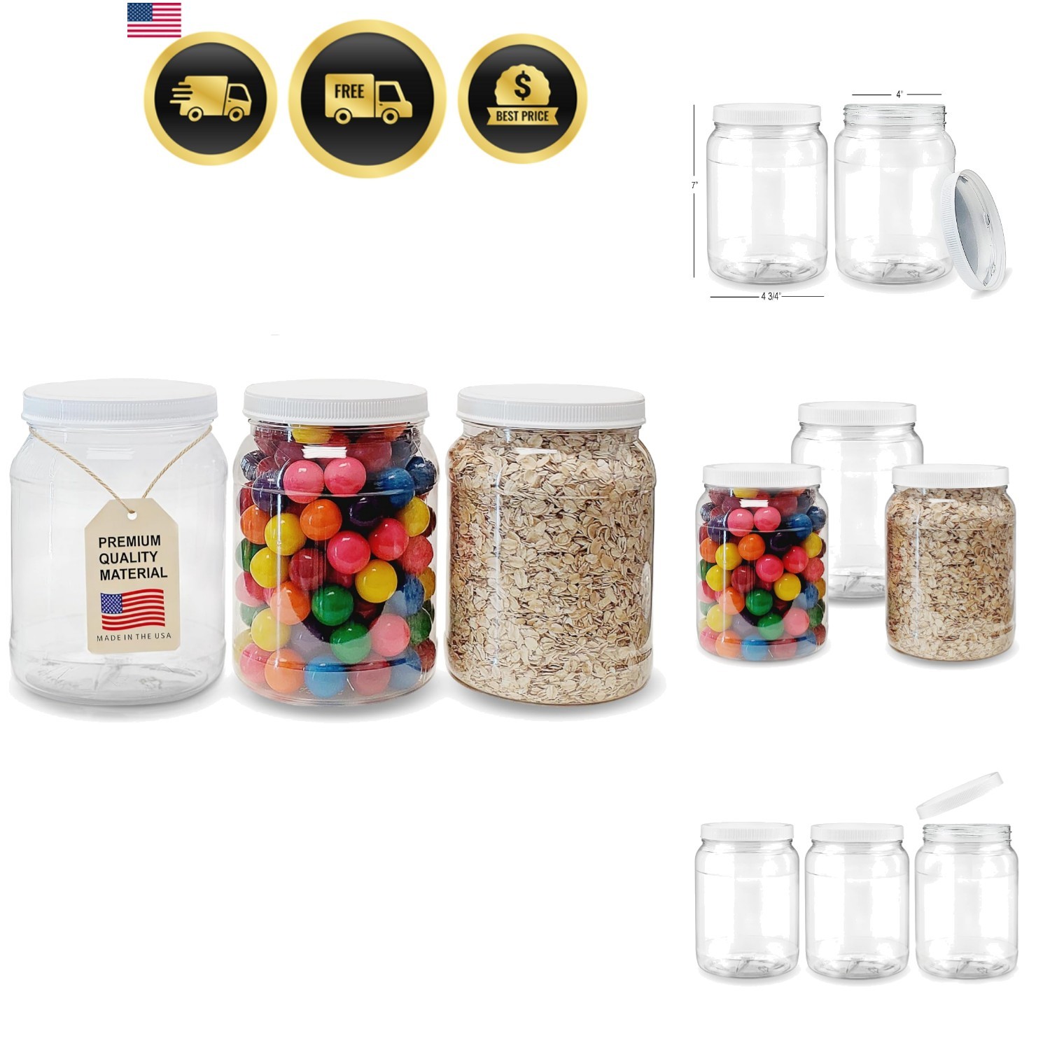 1/2 Gallon 64 oz Clear Plastic Jars with Lids, Large Jars, Wide Mouth Storage…