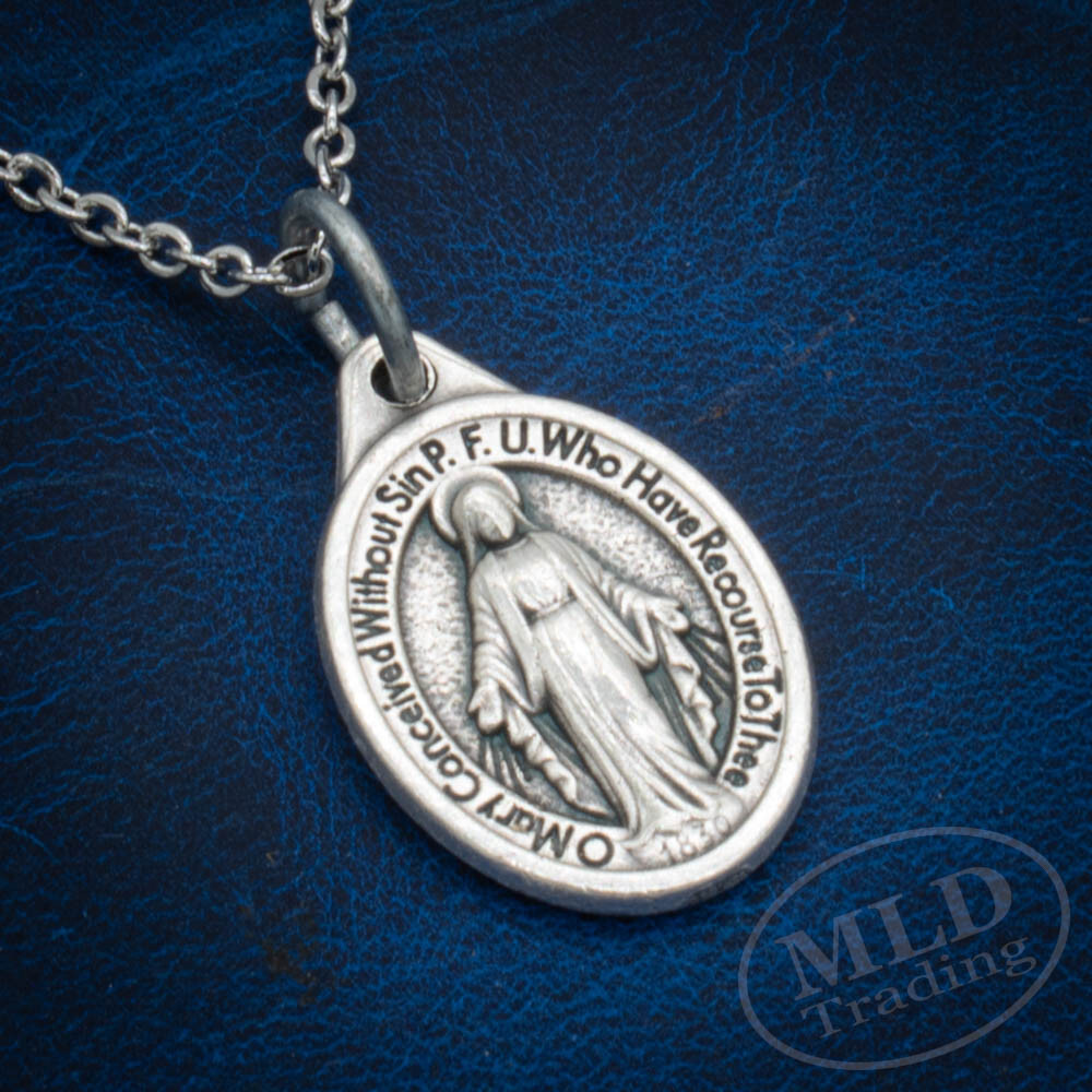 Miraculous Medal Pendant Necklace – 3/4″ Mini Oval, Silver Zinc Alloy, 18″ Chain