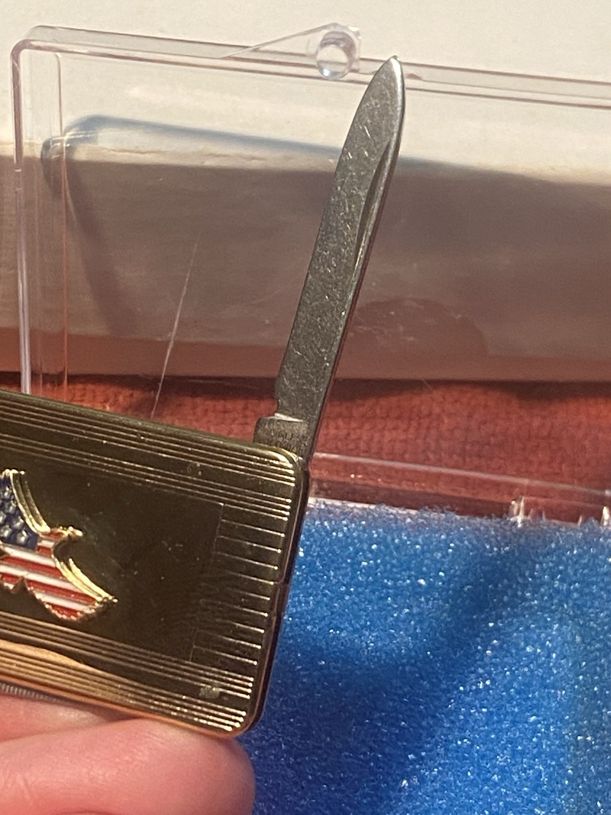 NOS Vintage Colonial USA Money Clip Pocket Knife Enamel American Flag Eagle Gold