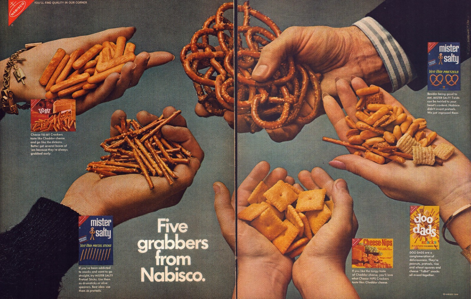 1968 Nabisco Snacks TWO PAGE Print Ad Mister Salty Pretzels Cheese Nips Tid Bits