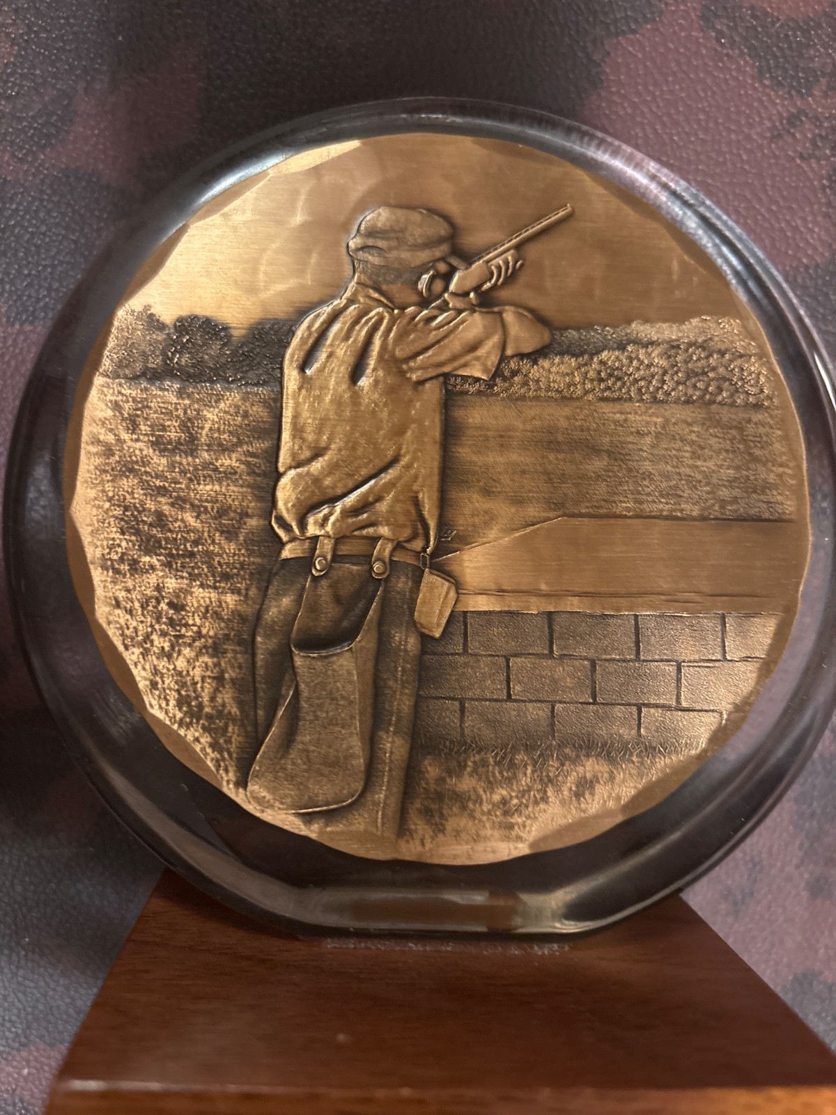 Rare unusual solid bronze over Acrylic round Trap Shooting scene on Trophy Art
