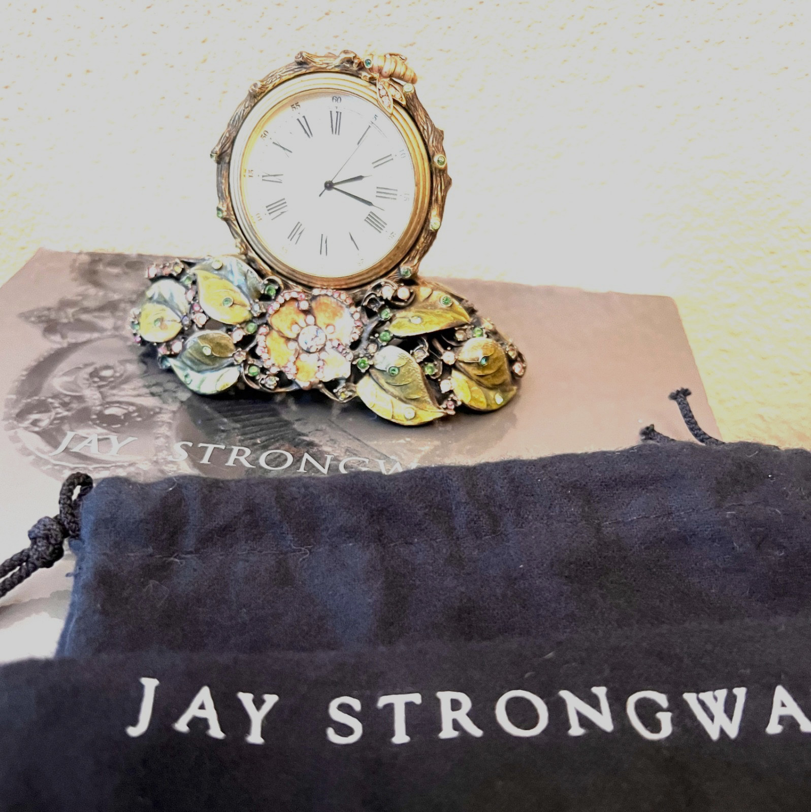 Jay Strongwater Mayfair Desk Clock with Bee, Leaves, Crystals, Enamel w box ,bag