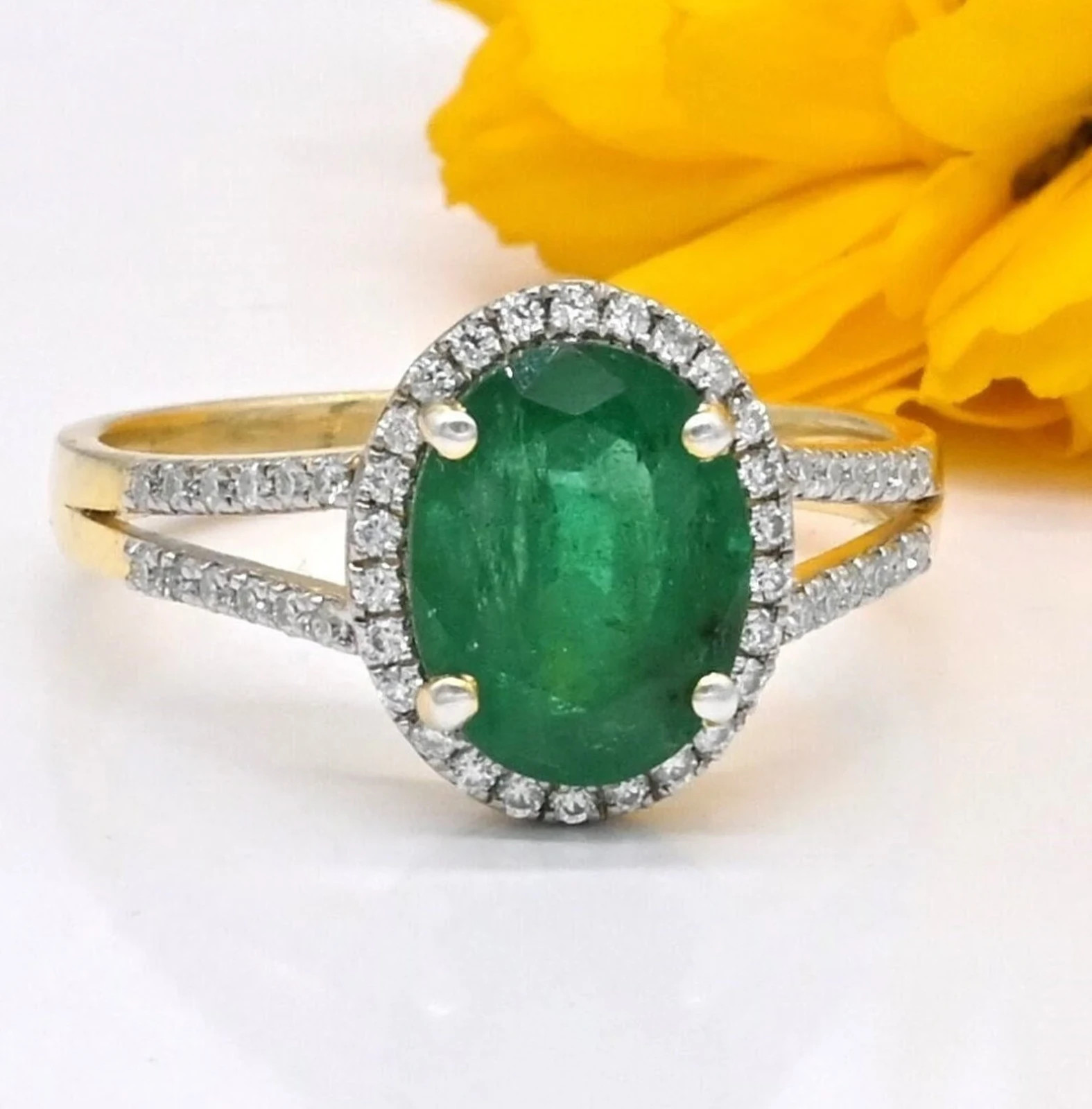 Vivid Green Emerald & Diamond 14K Two-Tone Gold Over Split Shank Engagement Ring