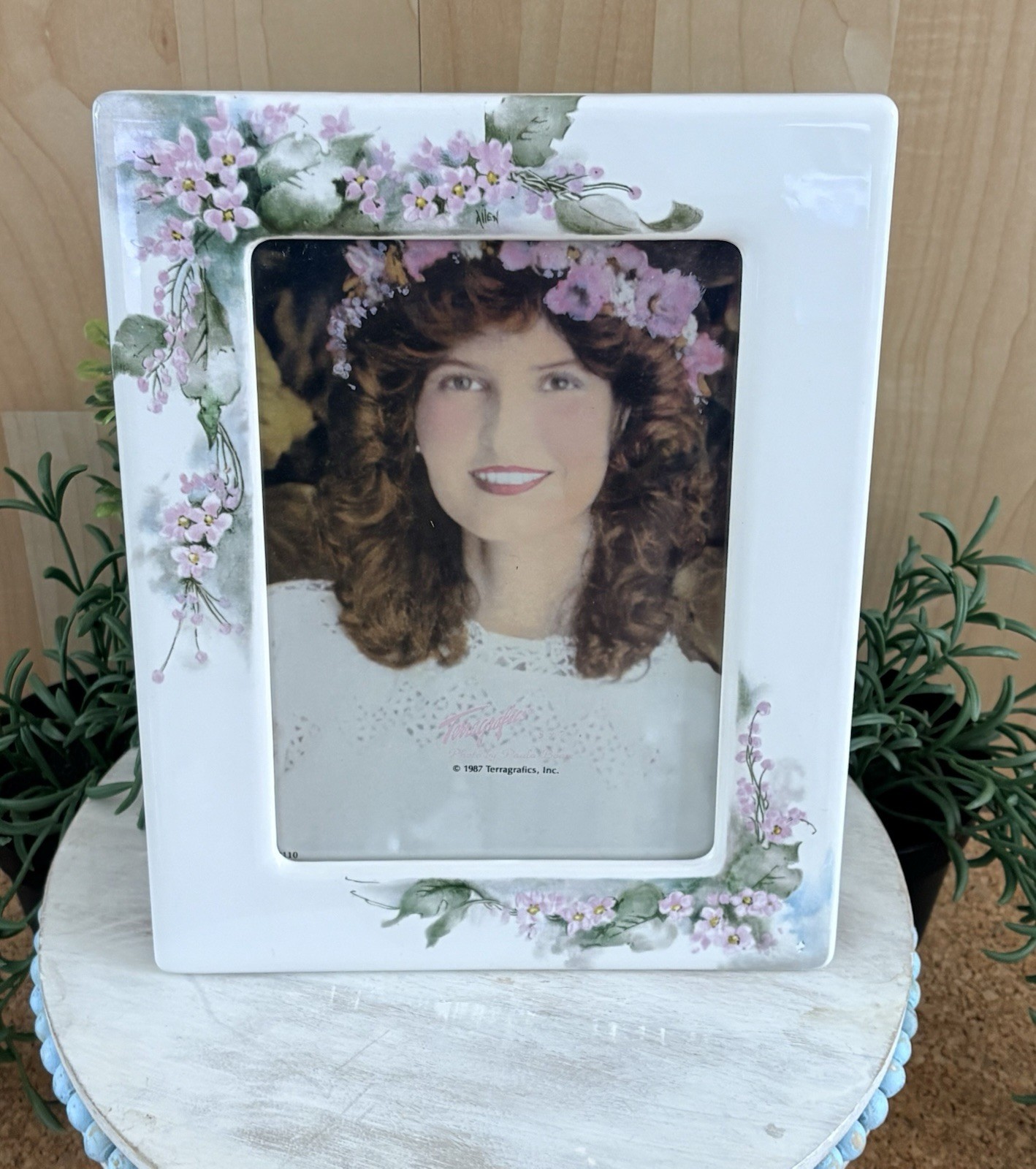 Vintage Terragraphics Pink Floral Frame Flowers Porcelain Ceramic 7X9 for 5X7