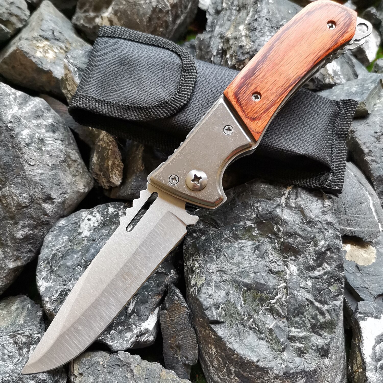 High quality stainless steel blade wooden handle outdoor camping hiking knife