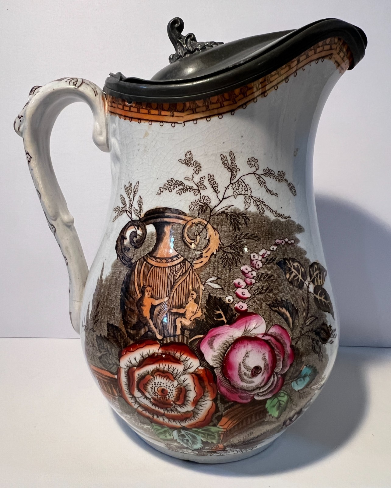 Antique Bone China Syrup Pitcher; Floral; 7 1/4″ (288)