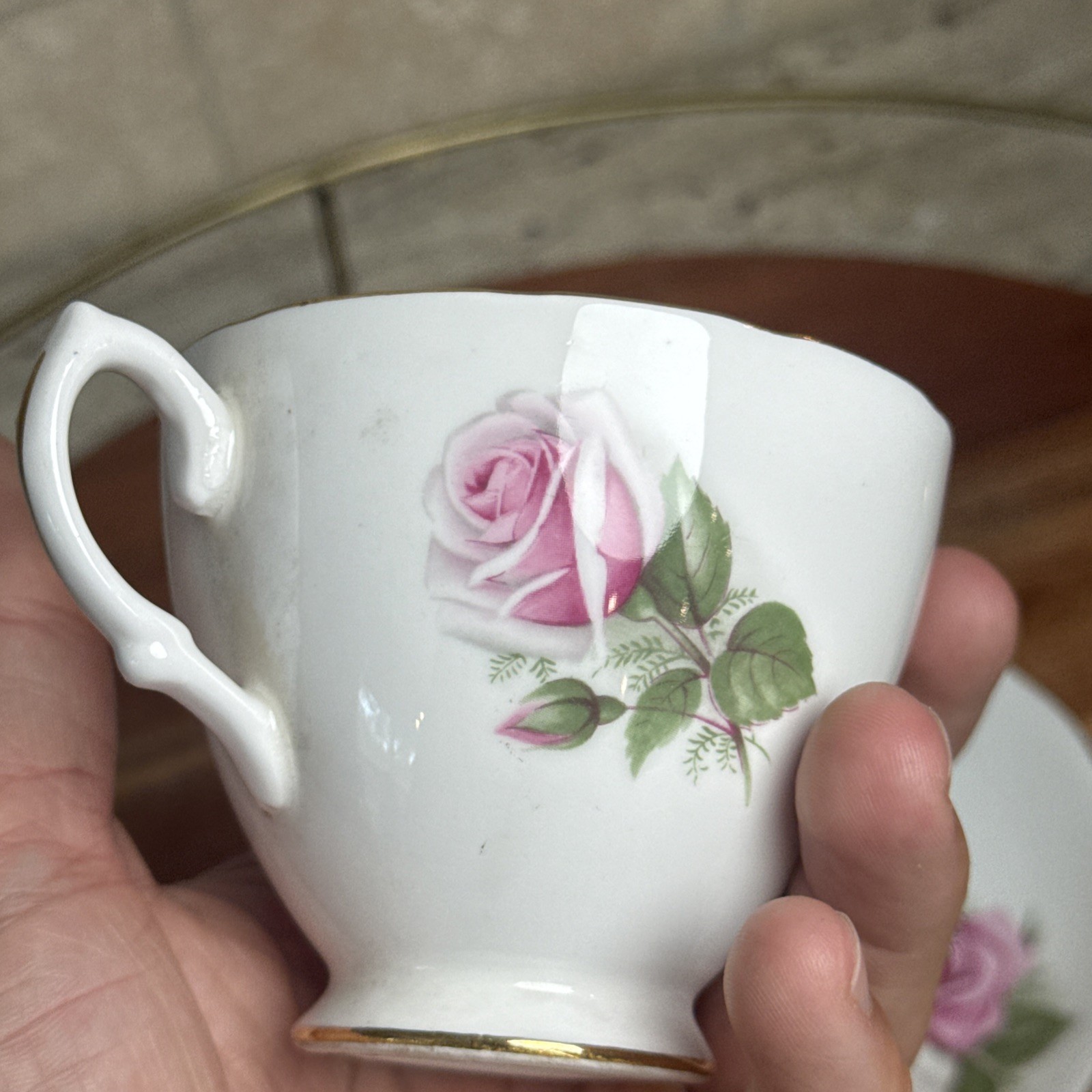 Vintage Royal Vale Bone China Pink & White Rose Teacup & Saucer Set England
