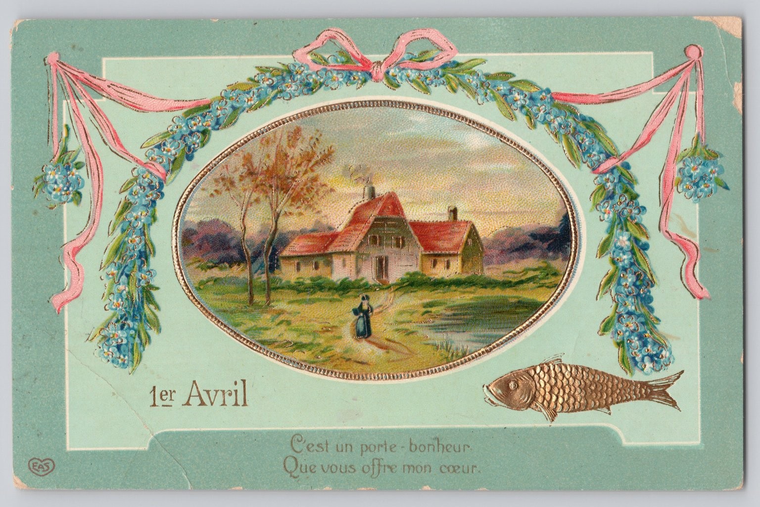 1909 French Poisson d’Avril Postcard Embossed April Fool’s Day Cottage Scene