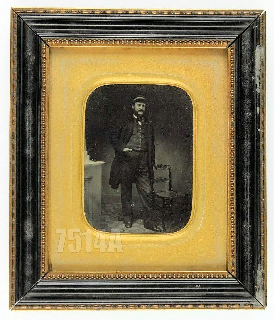 Rare HALF PLATE 1850s Ambrotype of a SEA Ship CAPTAIN in Period Wall Frame