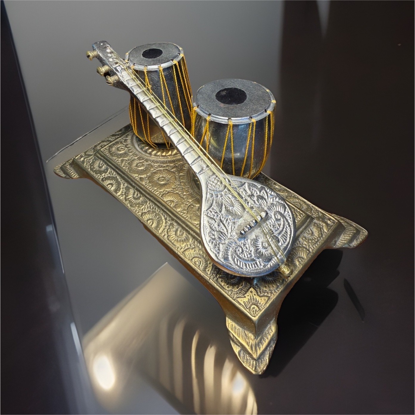 Metal Musical Instruments Figurine Sitar & Tabla Metallic Floral 6in x 3in