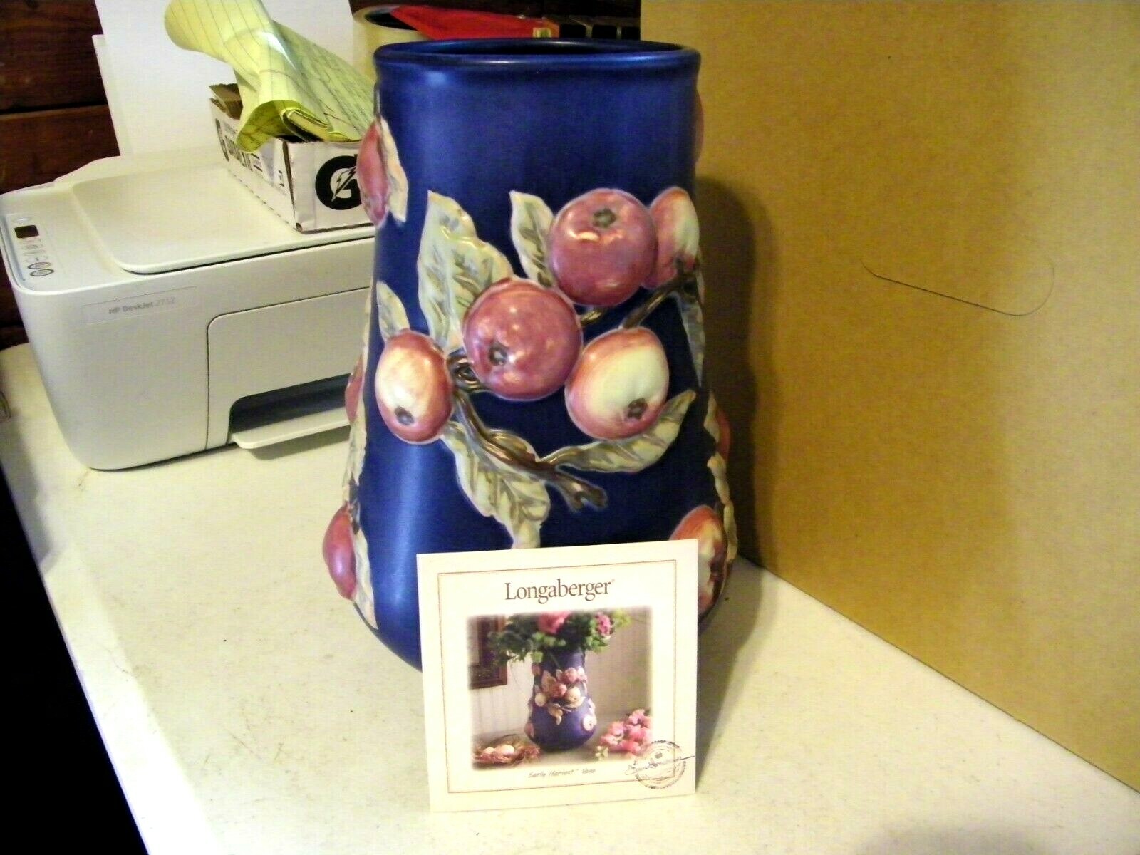 LONGABERGER EARLY HARVEST POTTERY BLUE w/ RED APPLES VASE LARGE 10 1/2″