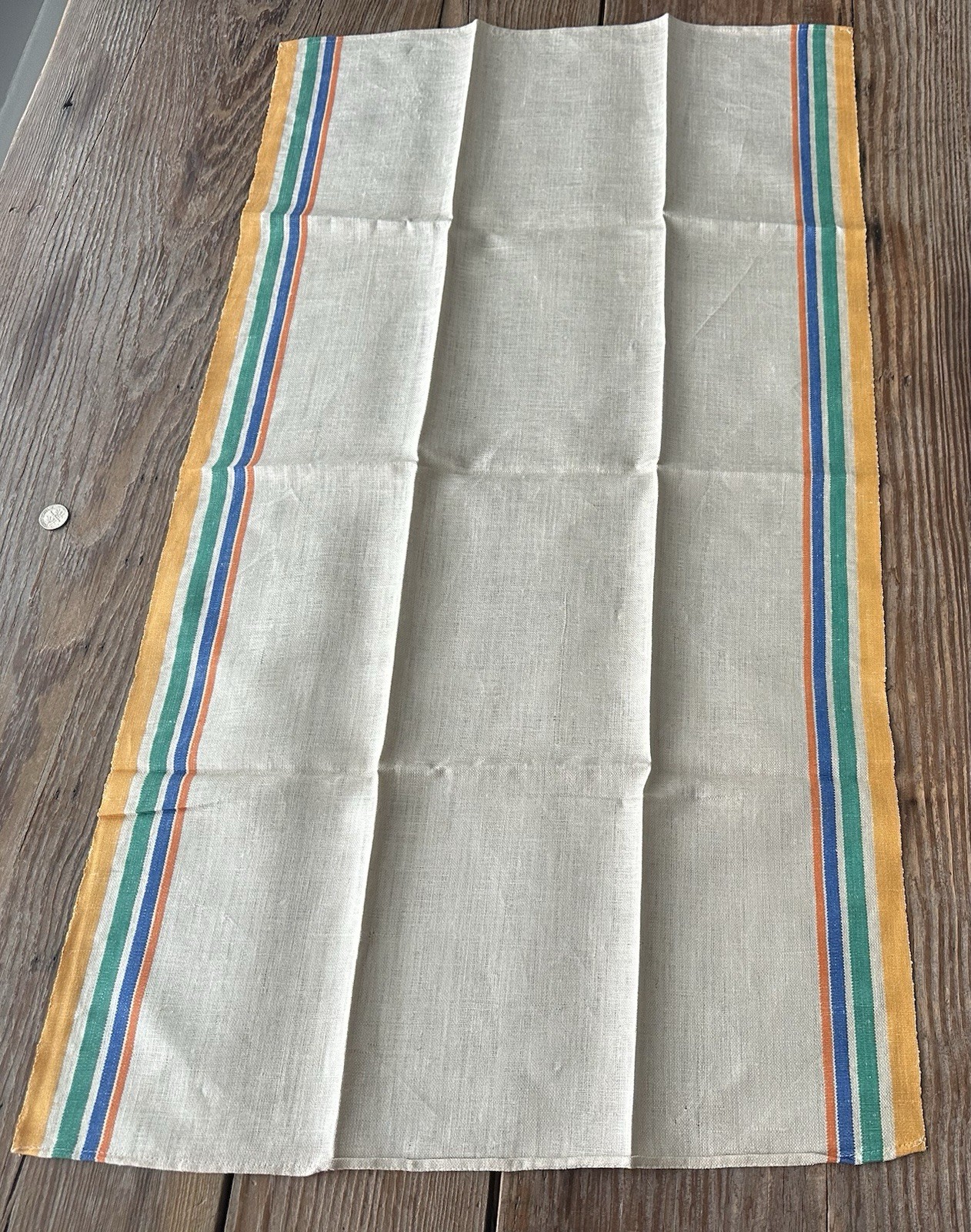3 Vintage LINEN Dish Tea Towels Multi Color Stripes 17X31 Farmhouse Cottage NOS