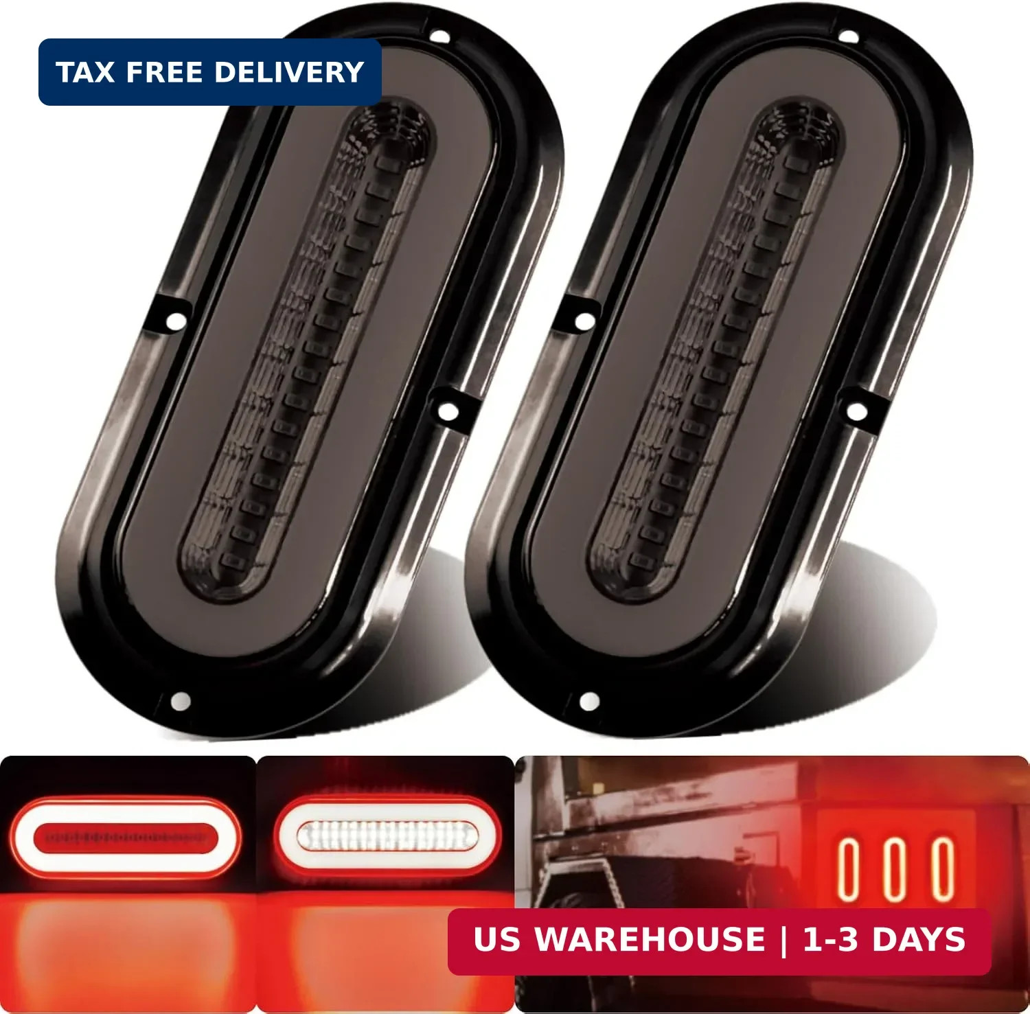2Pcs 6″ inch Smoked Lens Oval Red Halo 52 LEDs Trailer Lights w/Flange Surface M