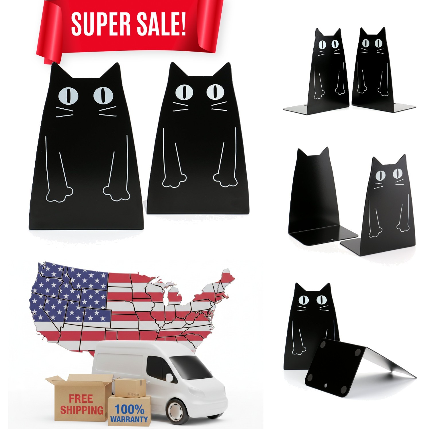 Charming Cute Cat Metal Nonskid Bookends – Heavy Duty Set of 2, 5.1 in.