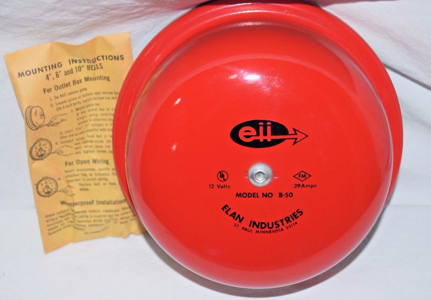 Vintage Fire Alarm Bell Model B-50 by Elan Industries eii 12 Volts 0.29A