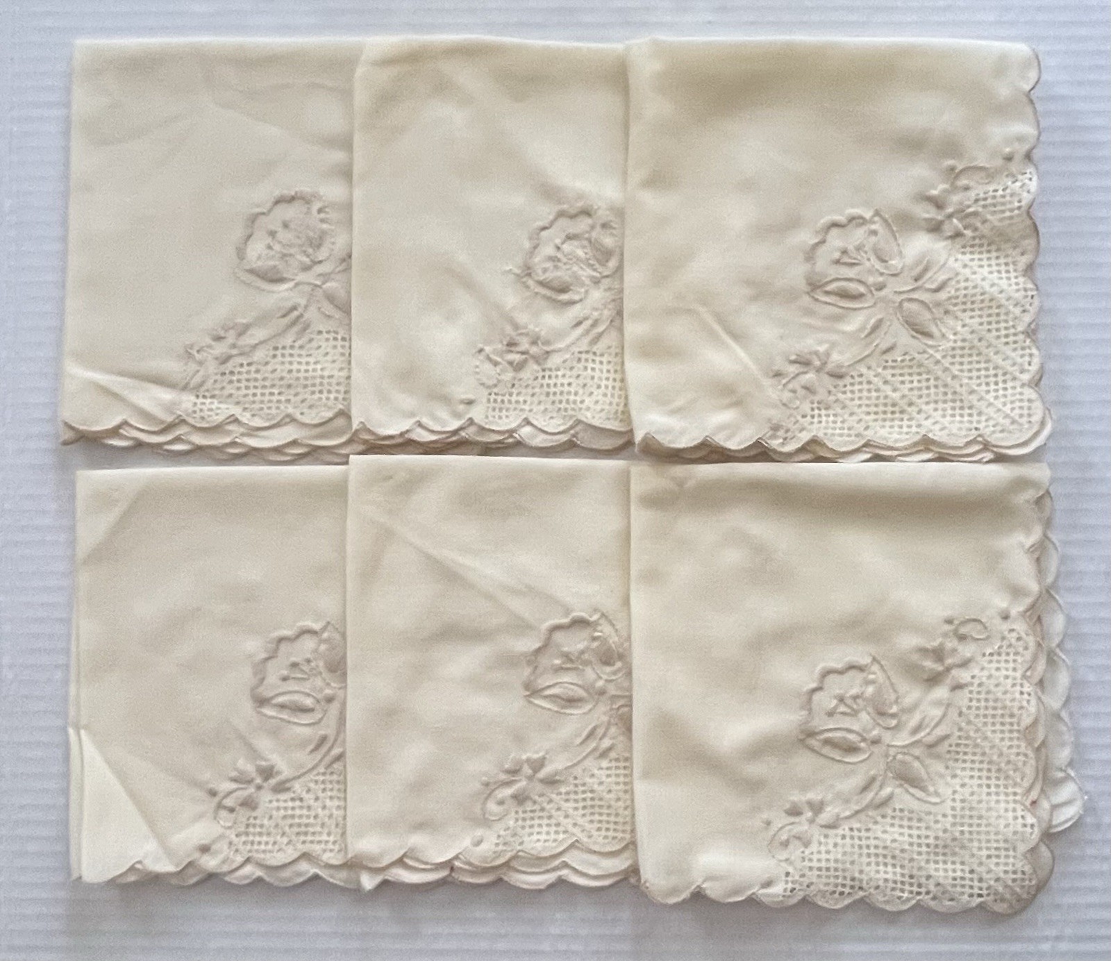6 Vintage Embroidered Cloth Napkins Ivory Flowers on Ivory Cotton Scalloped Edge