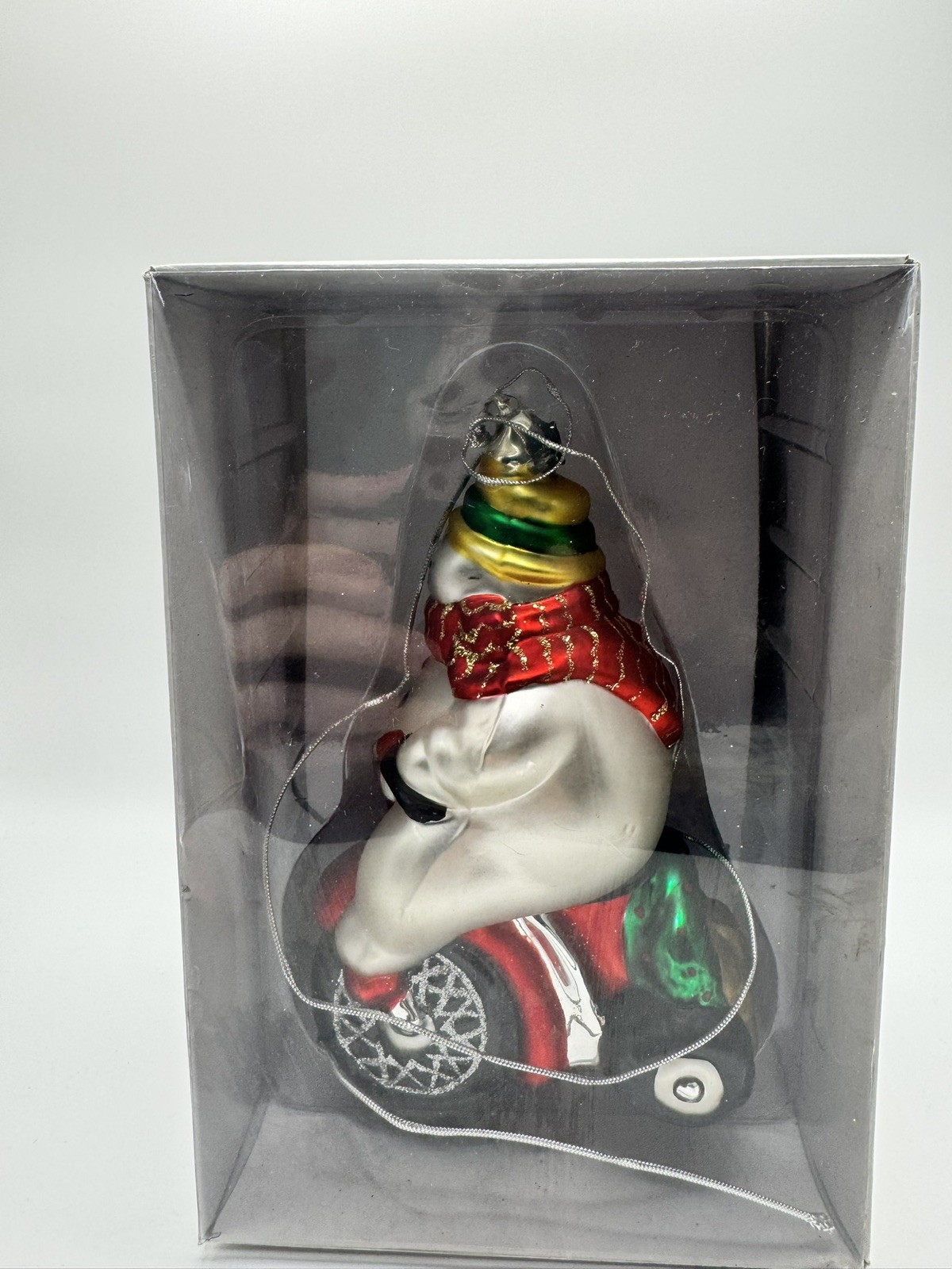 6.5” Dept 56 Mercury Glass Snowman Riding Tricycle Ornament 77056 Hand Painted