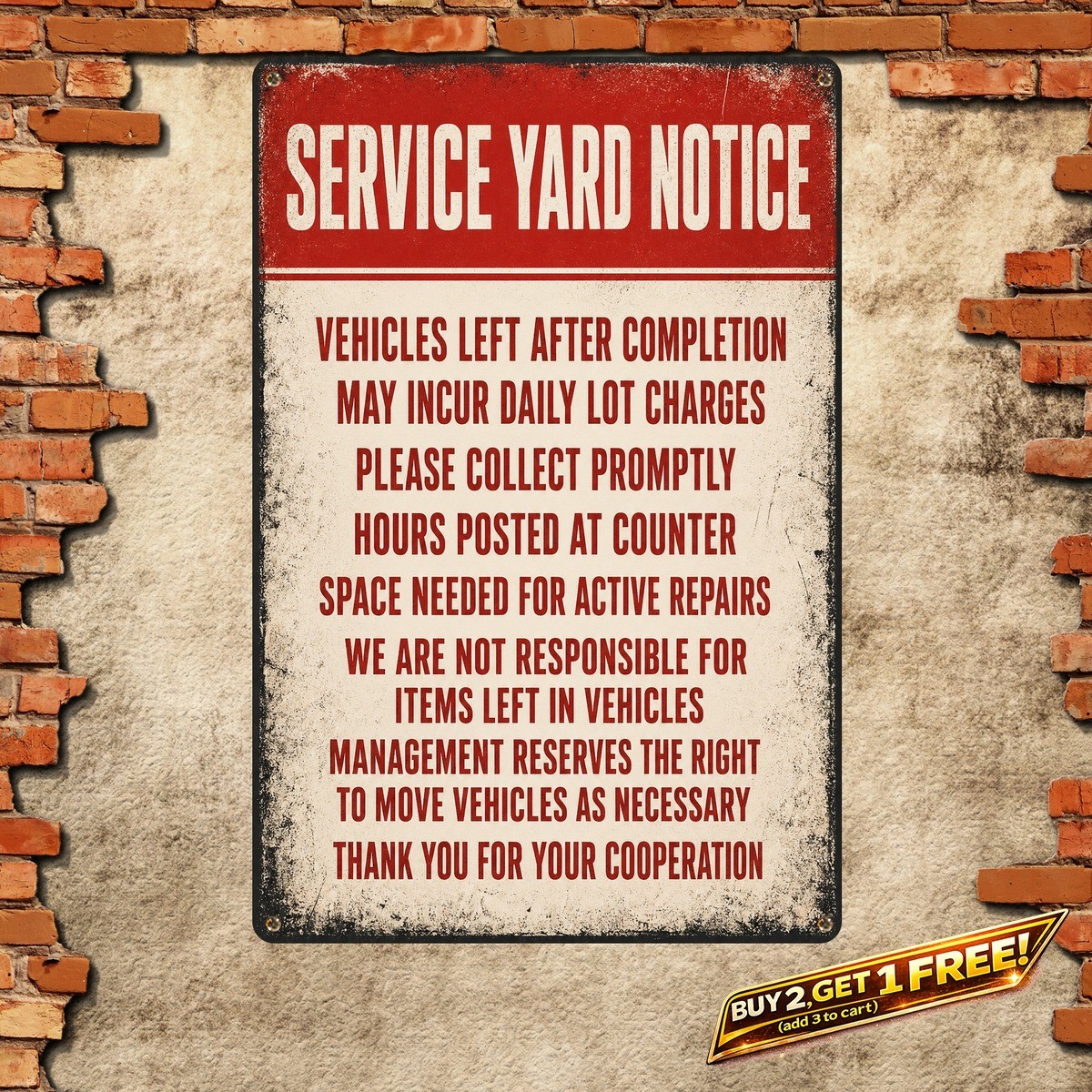 Vehicle Repair Storage Fees Sign Mechanic Shop Garage Metal Tin Plaque