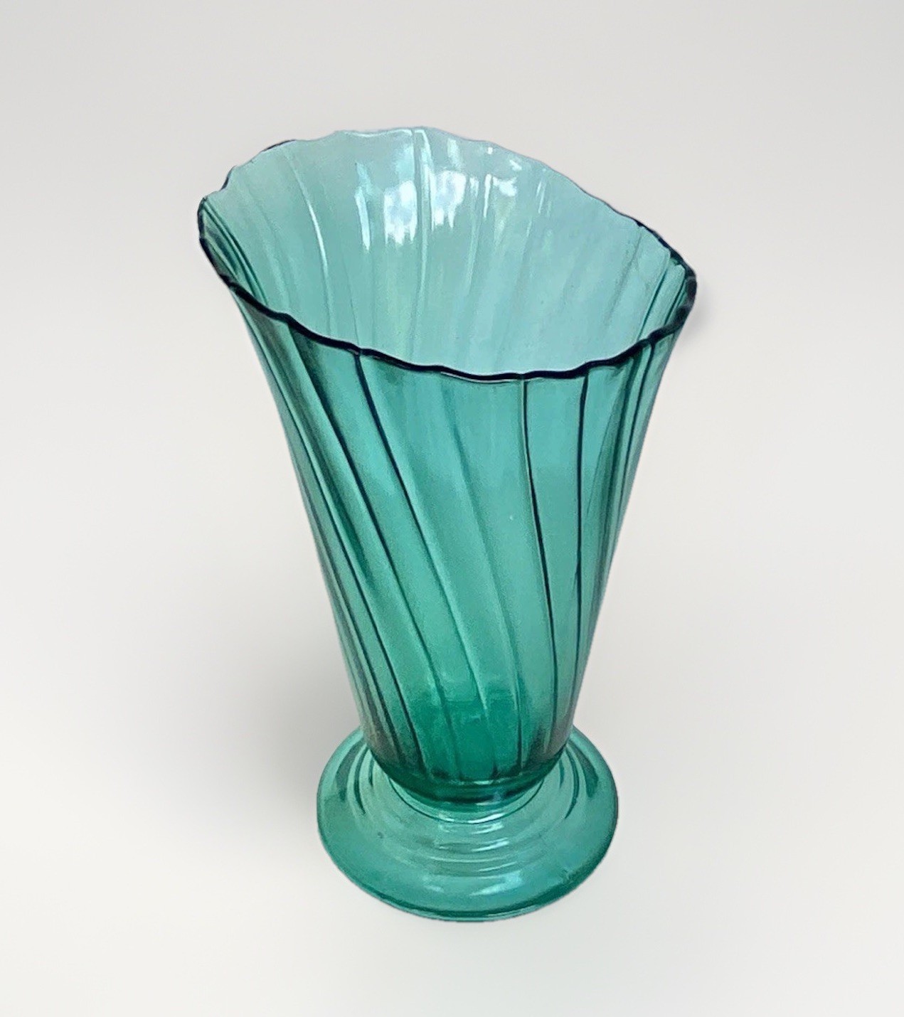 Vintage Teal/Ultramarine Swirl Depression Glass Vase, Jeanette Glass 8-3/8″ Tall