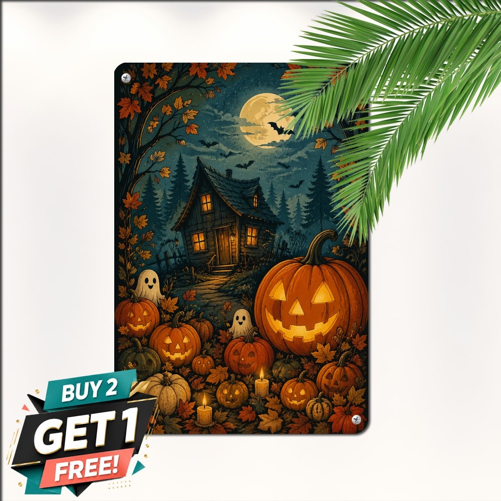 Spooky Pumpkin Spirit Metal Tin Sign Vintage Halloween Home Wall Decor 8×12