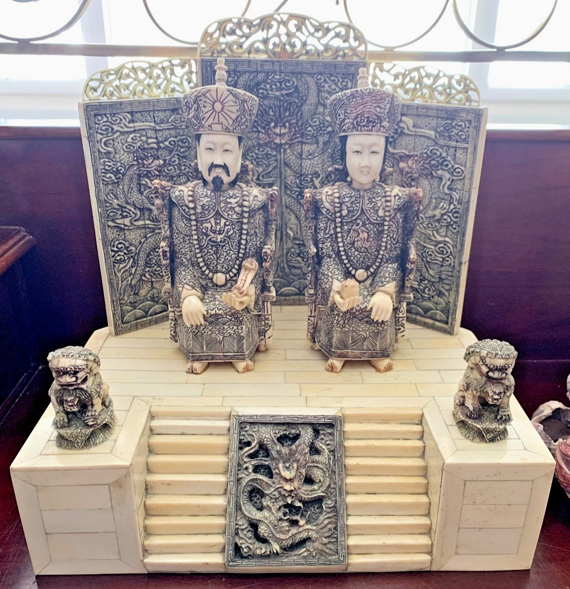 GORGEOUS BOVINE BONE TILE CHINESE EMPEROR AND EMPRESS ON INTRICATE THRONES!