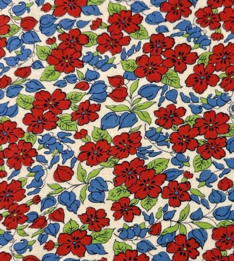 Vintage 1930s Feedsack Fabric Red-Blue-Green Floral Cotton Scrap 9×9.5″