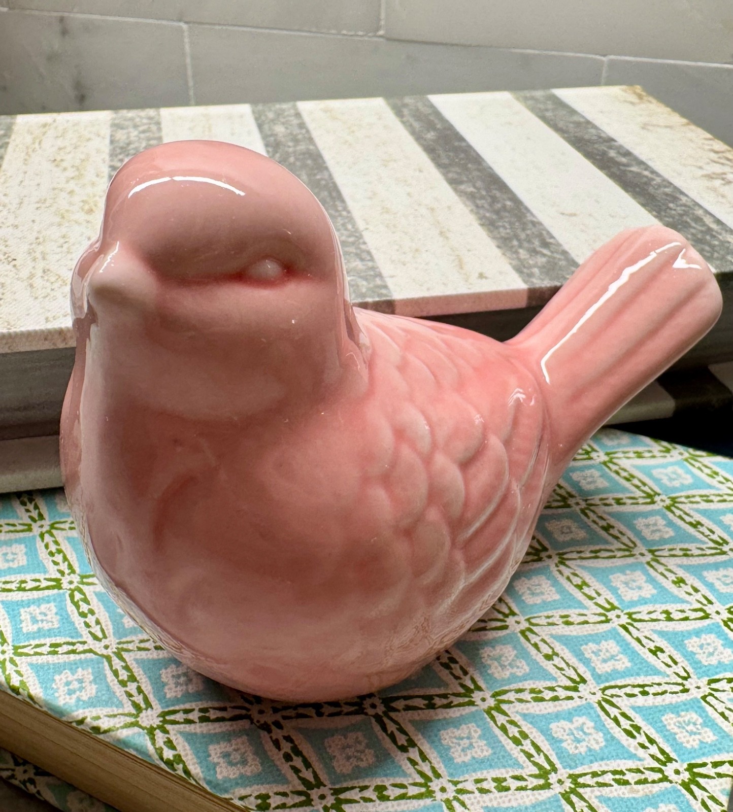 New French Country Cottage Pink Glazed Ceramic Bird Decor Figure – 4”