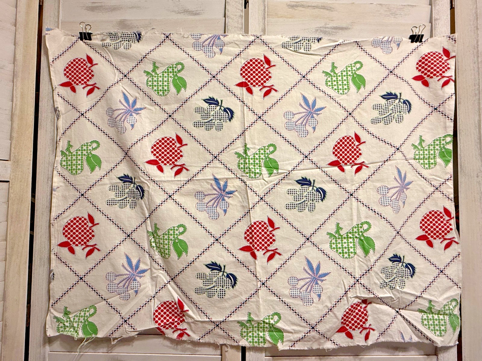 Vintage Flour Sack Fabric Fruit Squares Pattern 1930s 40s Antique 35” x 25”