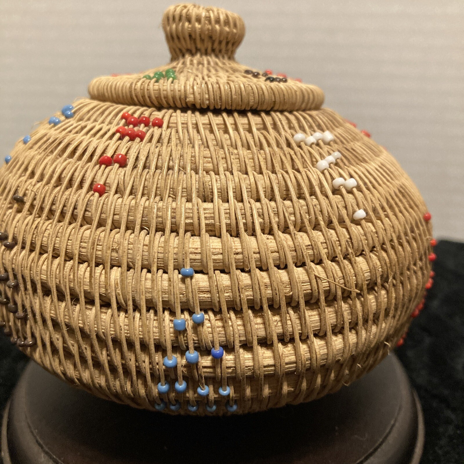 Vintage Coiled Beaded Round Lidded Basket With Seed Beads/Indomesia