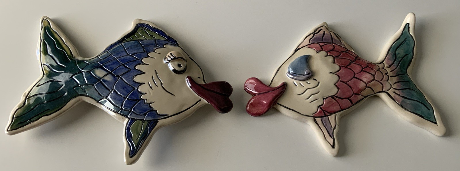 2 Blue Sky Clayworks Whimsical “Kissy Fish” Wall Hanging Art – Teal Pink Blue