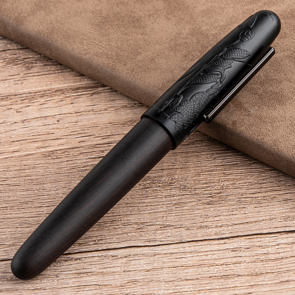Jinhao 9056A Fountain Pen EF/F/M Nib, Bull Embossed Handmade Wooden Gift Pen