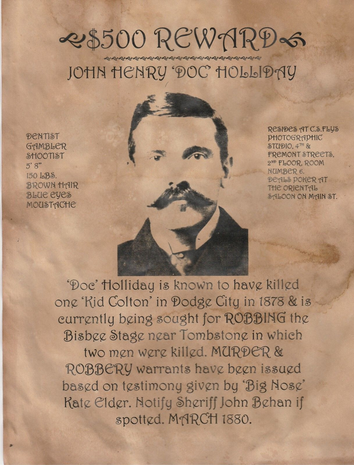 DOC HOLLIDAY TOMBSTONE WYATT EARP WANTED POSTER OK CORRAL WILD WEST 8X10 PHOTO