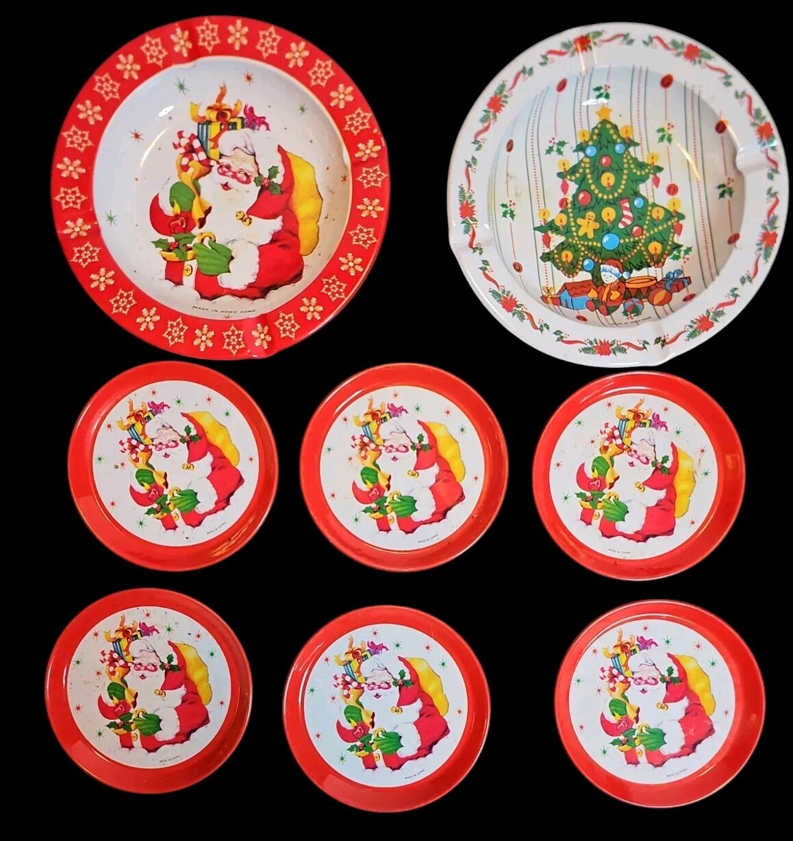 Vintage 60s Santa Claus Christmas Tree Novelty Metal Tin Ashtrays and Coasters