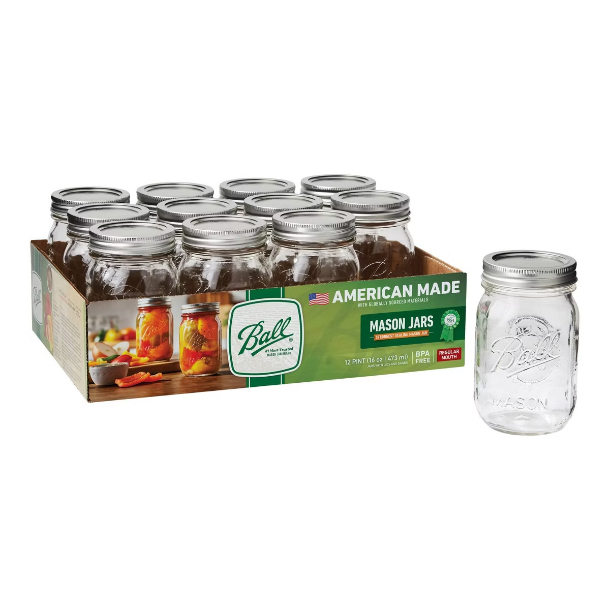 Ball 16 Oz Mason Jars Regular Mouth 12Pk, Pint Canning Jars with Lids and Rings